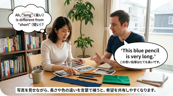 美容師にスマートフォンの髪型写真を見せながら英語で相談する客