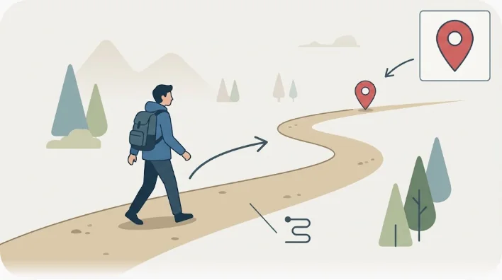 オフィスビルと家を結ぶ道の途中に人物と位置ピンが置かれた、on the way のイメージ図