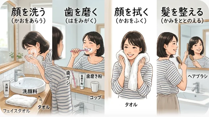 白い洗面台で両手に水をすくって顔を洗う人物と、洗面台横に立てられた歯ブラシとタオル
