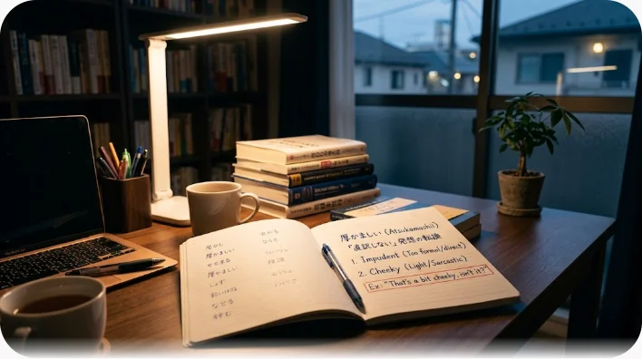 ノート、辞書、万年筆、コーヒーカップが置かれた明るい学習机を斜め上から見た様子