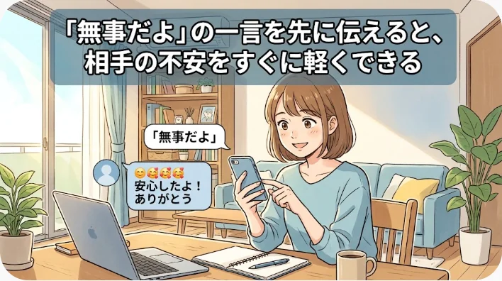 地震直後のリビングで床に座り、スマートフォンで通話しながら安心した表情を見せる女性。近くの棚から本が数冊落ちている