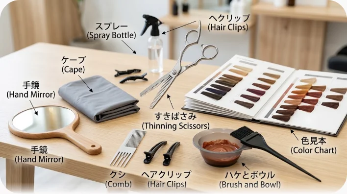サロンのカウンターに並んだカットハサミ、すきばさみ、コーム、クリップ、スプレーボトル、手鏡、扇状のカラーチャート