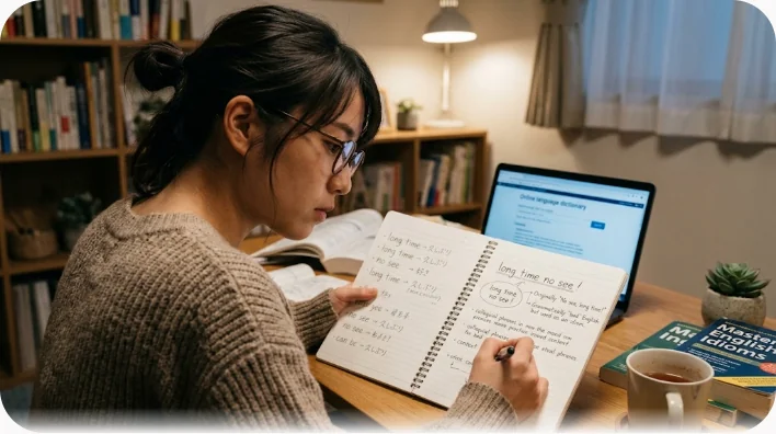 木製の机の上に開かれたノートとコーヒーカップ、メガネとペンが置かれた学習風景