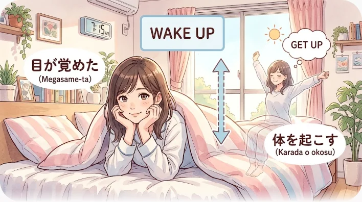 ベッドの中で目を開けた人物が枕元の目覚まし時計に手を伸ばしている早朝の様子