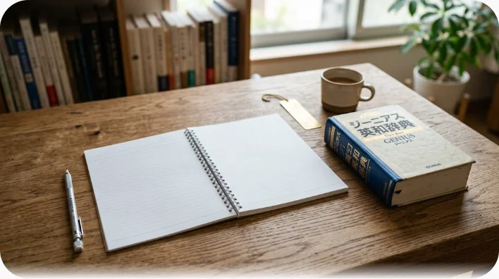 ベージュのニットを着た学習者が、白紙のノートと辞書を前に机で考え込んでいる様子