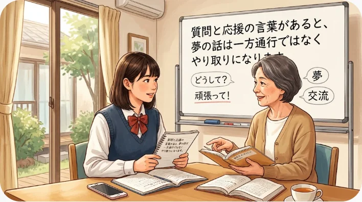 教室の前に立ち、多様な背景のクラスメイトに向かって自信をもって話す学生