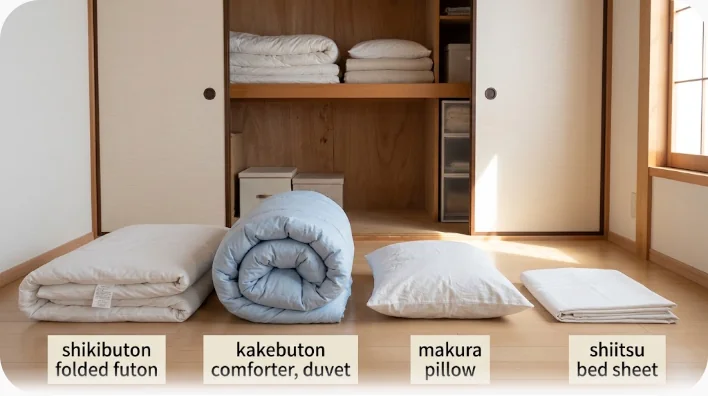 畳の上に三つ折りの敷き布団、たたんだ掛け布団、枕、シーツ、毛布が間隔を空けて並べられ、奥に中段のある押入れが開いている様子
