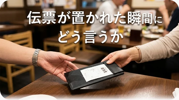 カフェのテーブルに置かれた革の伝票ホルダーに、左右から二人の手が同時に伸びている様子