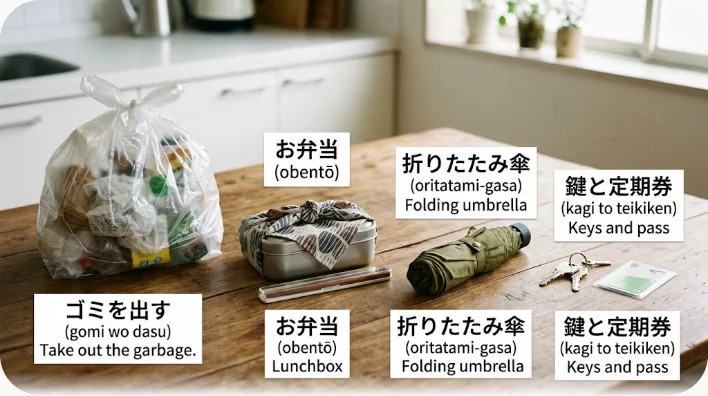 朝の家事と身支度に使う物を並べたフラットレイ。ゴミ袋、お弁当、折り畳み傘、鍵、定期券、シャツとネクタイ