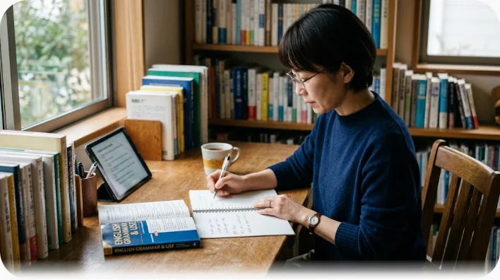 ノート・辞書・老眼鏡・紅茶が置かれた学習デスクを真上から撮影した様子