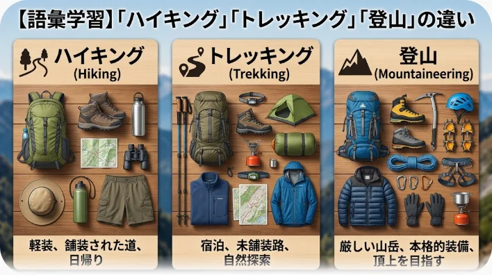 スニーカーと水筒、登山靴とトレッキングポール、ヘルメットやカラビナを含む本格登山装備の三種類を木のテーブルに並べて比較した写真