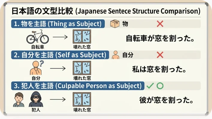 盗難を伝える英語の三つの文型を、物・自分・犯人という主語のアイコンとともに並べた図解イラスト