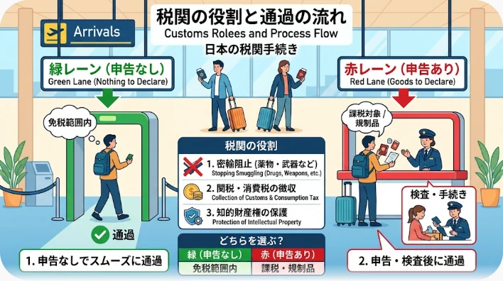 空港の税関出口で緑色と赤色に色分けされた二つの通路が並び、旅行者が緑のレーンへ進んでいる様子