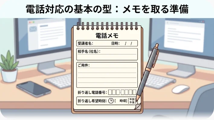 机の上に置かれた電話とメモ帳。ページには相手の名前や用件を書き取るための空欄が描かれている