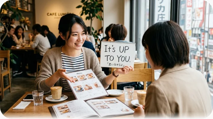 カフェのテーブルでノートを開いた学習者に、向かいの友人がメニューを指して選択を促している様子