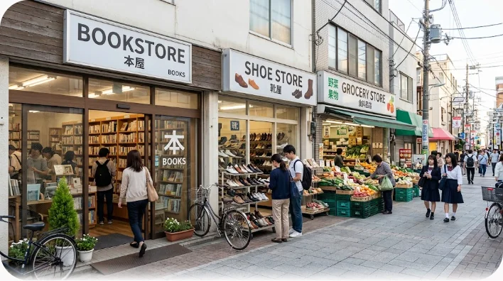 書店や靴店、食品コーナーなど業種の異なる店舗が並ぶショッピングセンターの通路