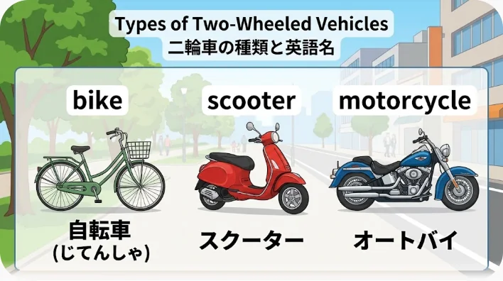 普通の街乗り自転車、フレーム内蔵バッテリーの電動アシスト自転車、小型オートバイを横一列に並べた比較写真