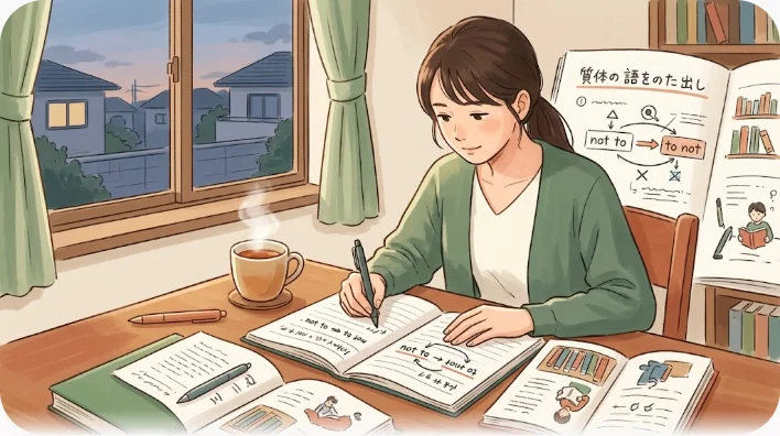 開いたノートに英文法のメモと付箋が並び、鉛筆と単語カード、紅茶のカップが置かれた学習机を真上から撮影した写真
