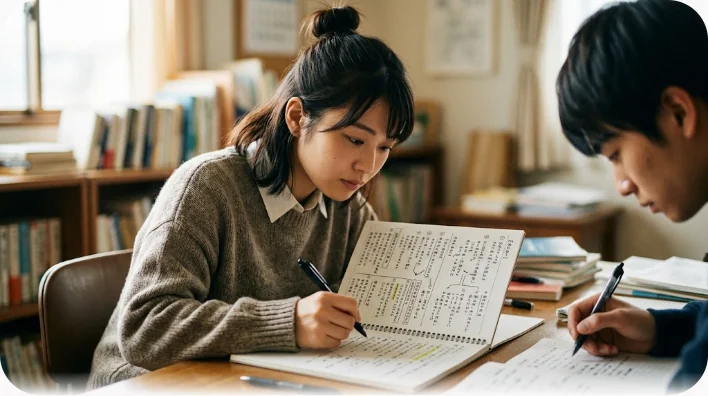 開いたノートに英語のフレーズを書き出した学習机の様子