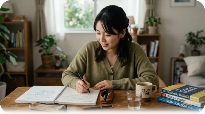 窓辺の木のテーブルに、開いた無地のノート、鉛筆、ヘッドホン、コーヒーのマグが並んだ英語学習用のデスク