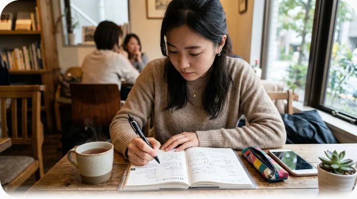 木のテーブルで無地のノートに鉛筆で書き込む学習者の手元と、コーヒーのマグ・白紙の手帳・小さな鉢植えを真上から撮った写真
