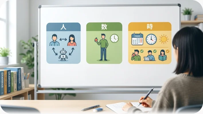 机の上に三つの木製ブロックが横一列に並び、その周りに白紙のノートと鉛筆、消しゴム、眼鏡が置かれた真上からの写真