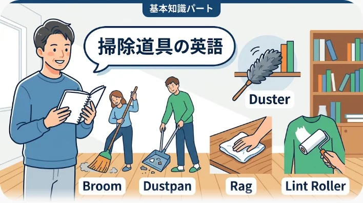 ほうきとちりとり、モップ、はたき、雑巾、ゴム手袋、バケツ、スポンジ、たわし、粘着クリーナーが木の床に整然と並べられた俯瞰写真