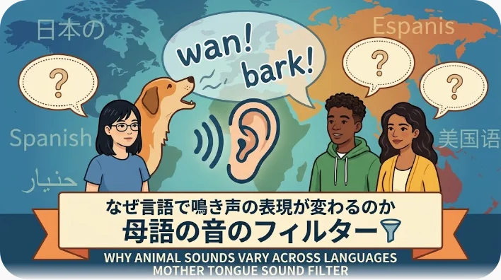 同じ犬の吠え声を日本人と英語圏の人が聞き分ける様子を表した概念イラスト
