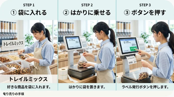 スーパーのセルフ計量コーナーで、袋に入れたりんごとトマトをはかりに乗せ、絵記号のボタンパネルに手を伸ばしている様子
