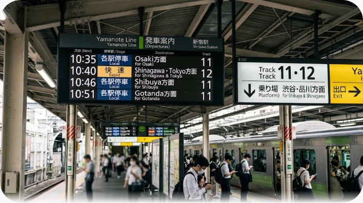駅構内の案内板と出発案内表示器