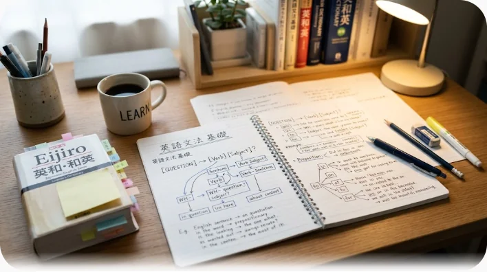 開いたノートに書かれた英語学習メモと鉛筆、付箋、緑茶のカップが並ぶ学習デスクを真上から撮影した写真