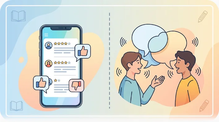 スマートフォンに表示された星評価の一覧と、向かい合う二つの紙の吹き出しを並べて置いた静物写真