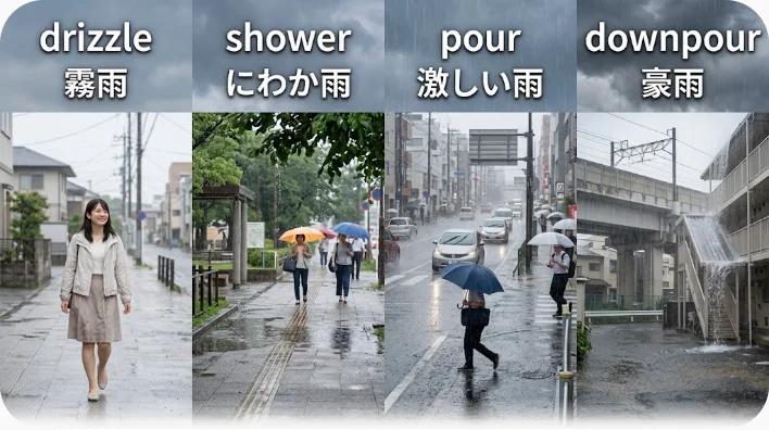 奥は霧のような小雨、手前は激しい雨で水たまりが跳ねる都市の雨の街並みと傘をさす歩行者