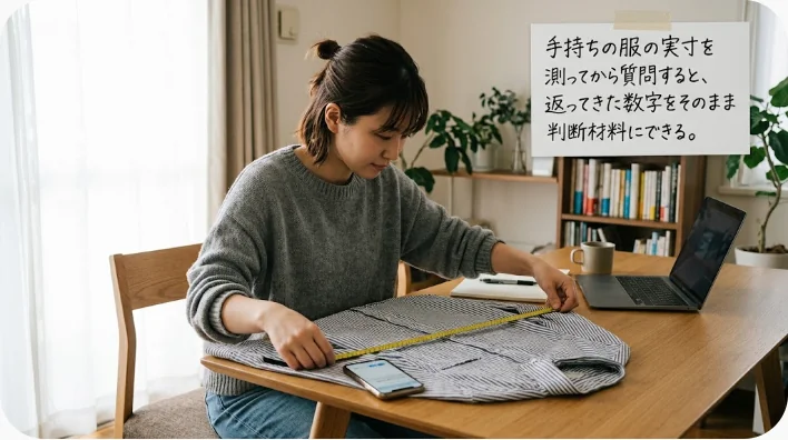タブレットとメジャーを持ち、ソファに置いたジャケットの袖丈を測りながら英語のメモを取る日本人男性