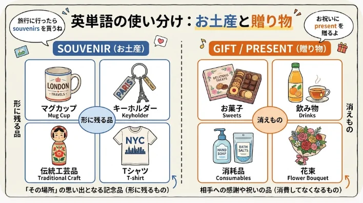 木のテーブルに並ぶマグカップ、キーホルダー、絵はがき、ミニチュア模型、ハンカチ、箱入りクッキー