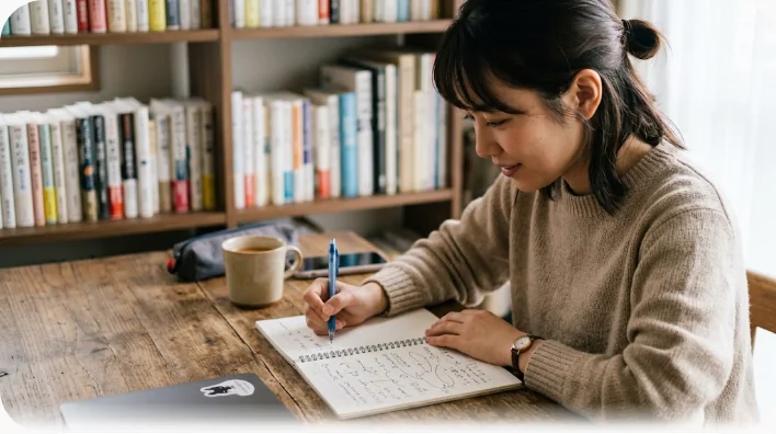 ノートに英語のコロケーションを書き出した学習机を真上から撮影した様子