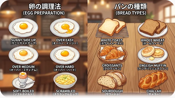 片面焼き、両面焼き、スクランブル、ポーチドの4種類の卵料理と白パン・全粒粉パン・ライ麦パン・イングリッシュマフィンを並べたテーブル