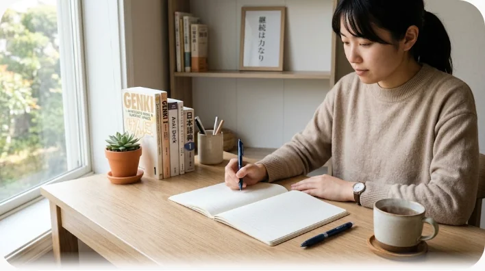 白紙のノートとキーボード、緑茶が置かれた学習机