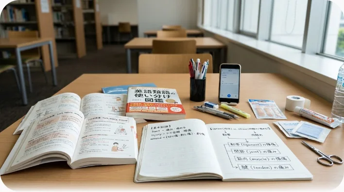 体育館の相談コーナーで、トレーナーが足首の解剖模型を指さしながら座っている学習者に説明している様子
