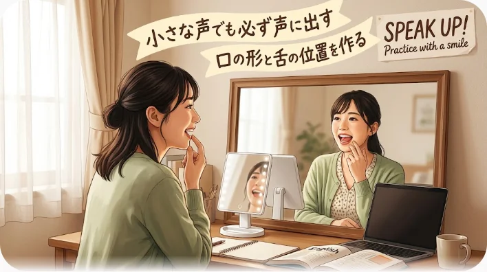 洗面所の鏡の前で口を動かし、英語の発音を確かめている大人の学習者