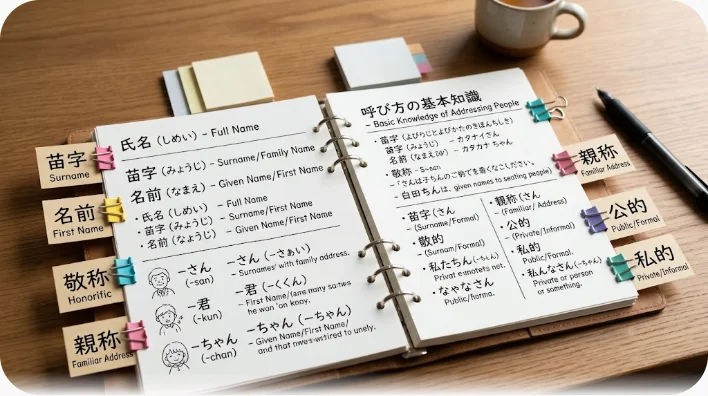 英単語を書き込んだノートとペン、付箋、値札の小道具が並ぶ学習机