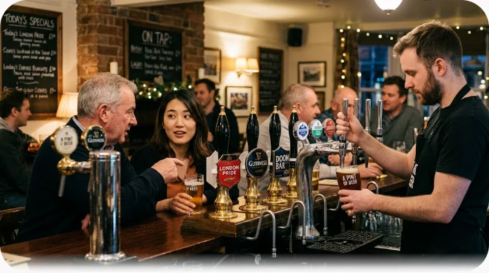 木製カウンターにビールサーバーが並び、バーテンダーがパイントグラスにエールを注いでいるパブの店内