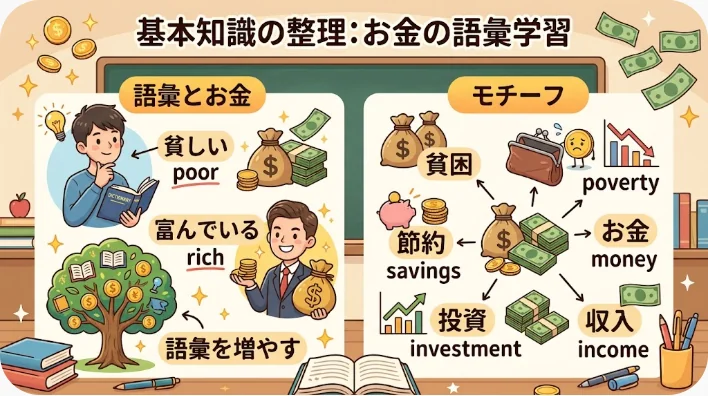 単語ノートと辞書、小銭と貯金箱を真上から撮影した学習デスク