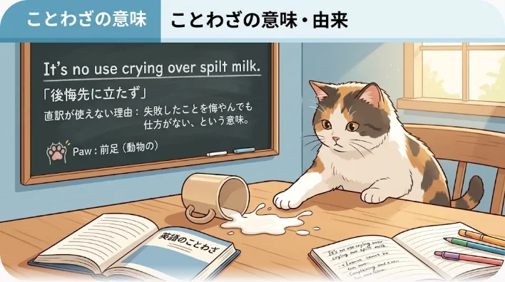 英語のフレーズを書き込んだノートと鉛筆、紅茶のカップの横で前足を見せて眠るトラ猫