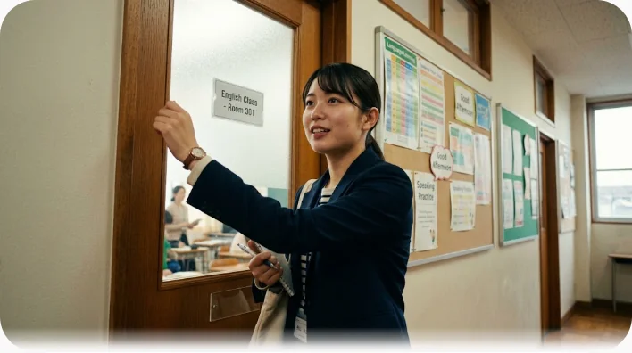 半開きのオフィスのドアの前で書類を持ち、室内の相手に会釈しながら挨拶する東アジア系の応募者