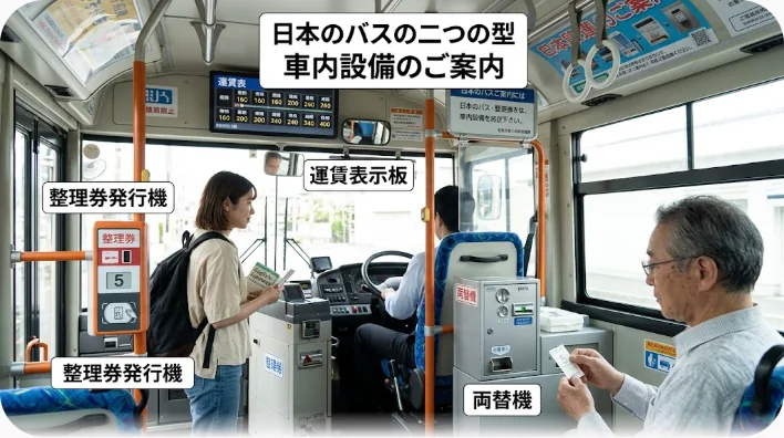 日本の路線バス車内の運転席付近。整理券発行機、運賃表示板、両替機が並んでいる