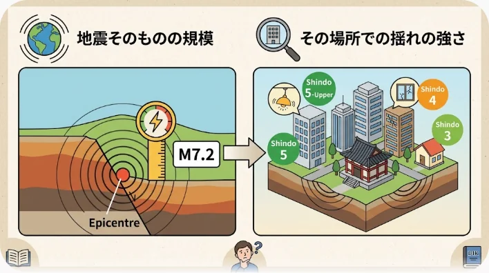地下の破壊開始点から広がるエネルギーと、地表の三軒の家がそれぞれ異なる強さで揺れる様子を対比した概念図