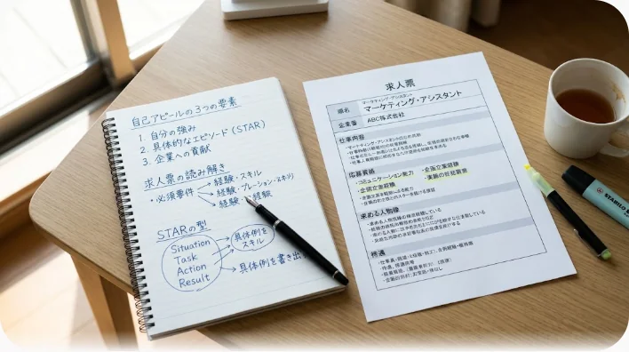 ノートに書かれた英語のキーワードメモと一行が強調された求人票が並ぶ面接準備中の机