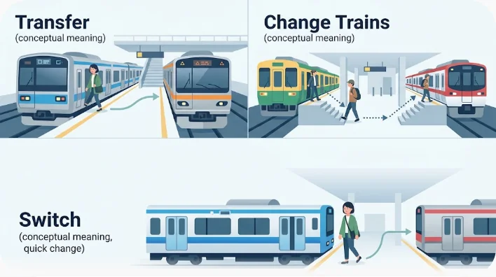 色分けされた三本の路線が一つの駅で接続する様子を表した、文字のない概念図