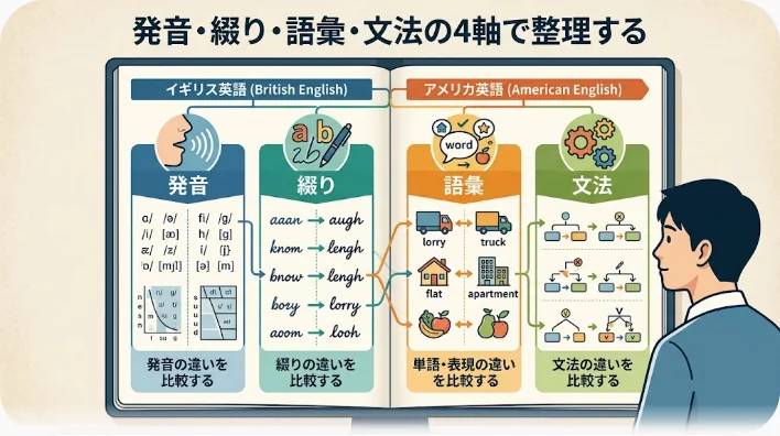 ノートを2列に分けてイギリス英語とアメリカ英語の単語を書き比べている学習机の様子